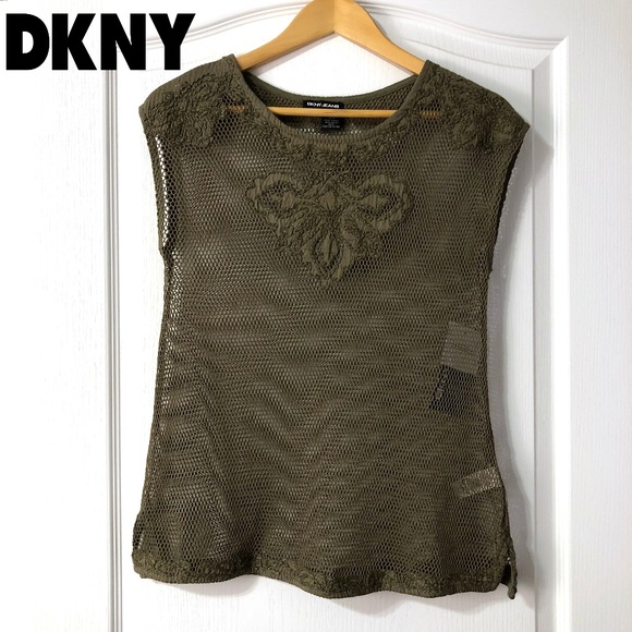 Dkny Tops - DKNY Jeans Embroidered Mesh Top Size Small Green